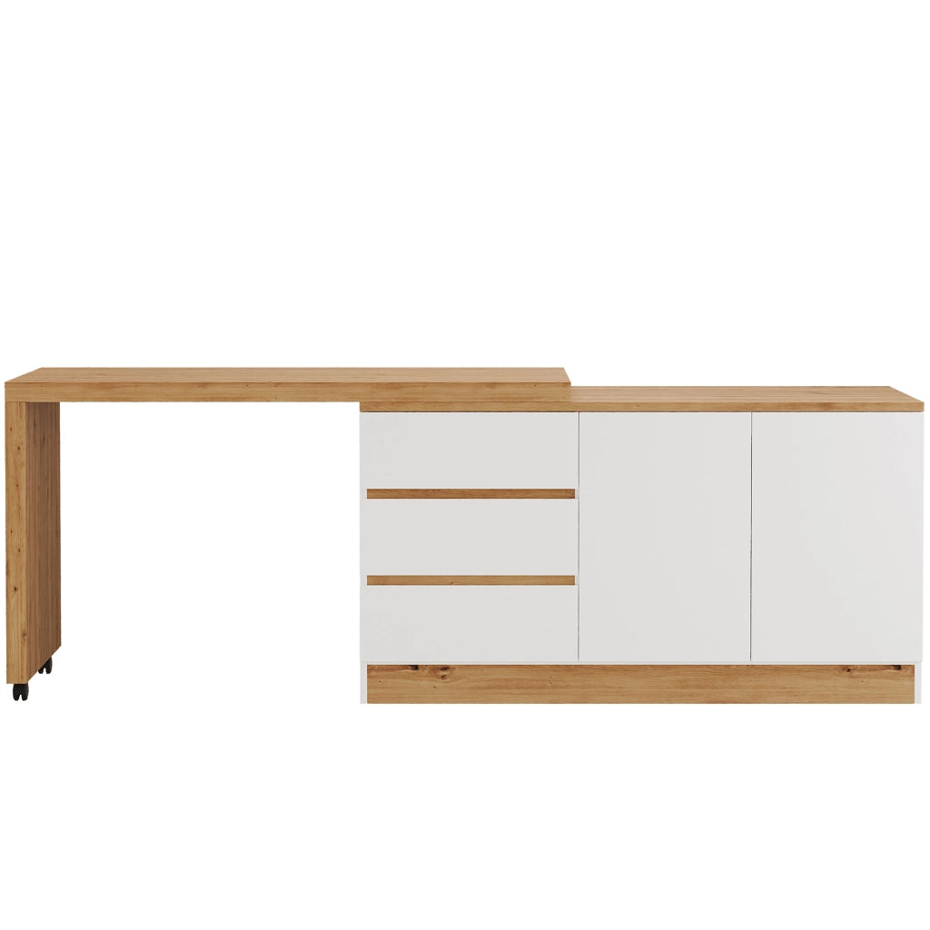 Scrivania pieghevole girevole con ruote frenanti, 2 porte e 3 cassetti, 120x50x78 cm, bianco e rovere