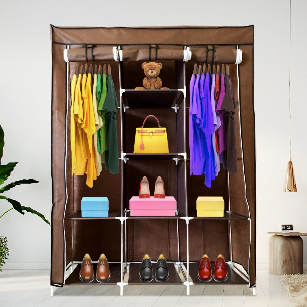 Armadio Vestiario In Tessuto Con Ante Con Cerniera E Tasche Laterali Nyana Home Misure 170x127x45cm Marrone