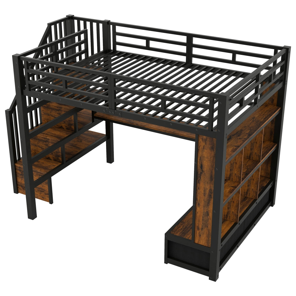 Letto a soppalco in metallo con scrivania, scaffali e cassetti, 140x200 cm, nero