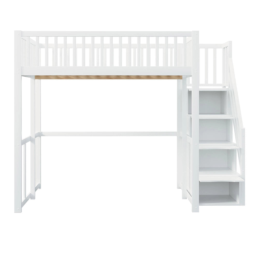 Letto a soppalco in pino massiccio - Xylo - 140x200cm - Bianco - Scala di sicurezza per bambini/adolescenti/adulti