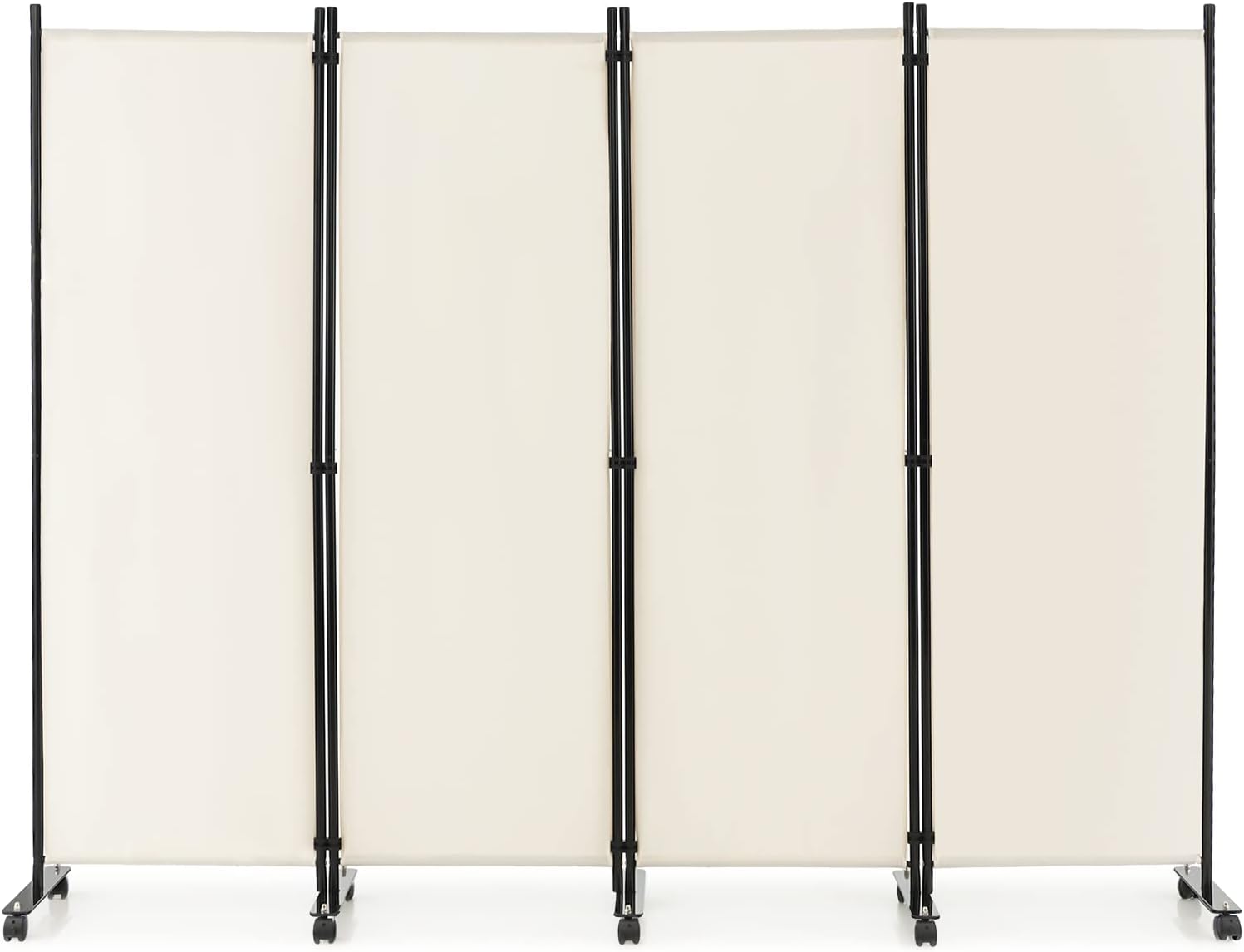 Paravento da Interno in Metallo, Separé Divisorio Interno Pieghevole con Piedini Stabili, Pannelli Divisori per Interni per Casa e Ufficio, Bianco, 225 x 173 cm, 4 Pannelli con ruote