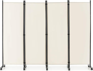 Paravento da Interno in Metallo, Separé Divisorio Interno Pieghevole con Piedini Stabili, Pannelli Divisori per Interni per Casa e Ufficio, Bianco, 225 x 173 cm, 4 Pannelli con ruote