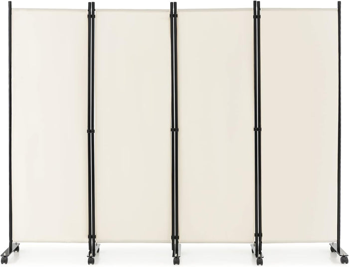 Paravento da Interno in Metallo, Separé Divisorio Interno Pieghevole con Piedini Stabili, Pannelli Divisori per Interni per Casa e Ufficio, Bianco, 225 x 173 cm, 4 Pannelli con ruote