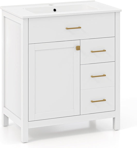 Mobile Sottolavabo per Bagno, Mobiletto da Bagno con 2 Cassetti e 2 Ante, Mobile da Bagno a Terra con Lavandino in Ceramica, 76 x 46,5 x 86 cm, Bianco