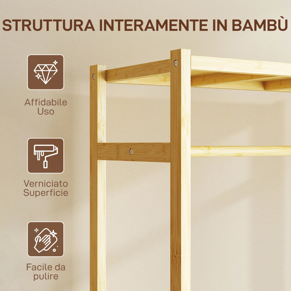 Stand Appendiabiti da Terra 70x35x175 cm con Barra Ripiani e 4 Ruote in Bambù Legno Naturale