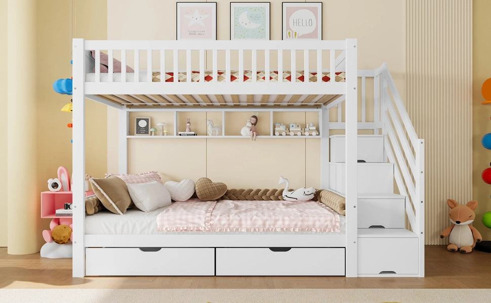 DESMIU Letto a castello 90 × 200 cm 2 posti con scala, armadio, cassetti, ripiani e senza materasso, bianco