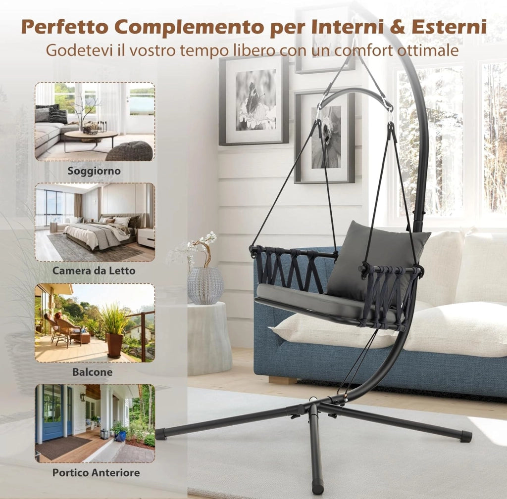 Sedia Sospesa Pieghevole con Supporto, Poltrona Sospesa Corda con Cuscini per Seduta e Schienale, Telaio in Metallo, Sedia Amaca per Interno, Esterno, Balcone e Giardino, Portata 150 kg