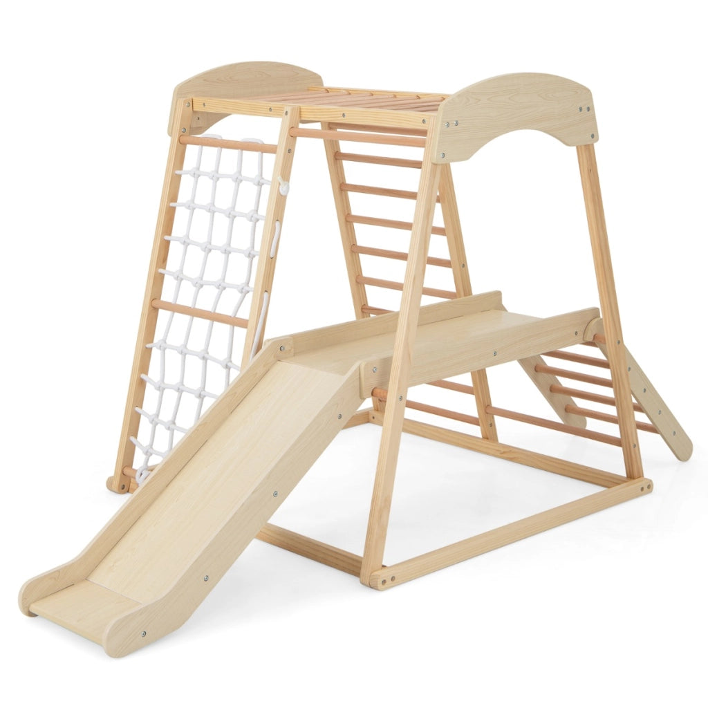 Parco giochi 6-in-1 per bambini 1+ anni con barre di scimmia scivolo corda e scale in legno, Palestra in legno Naturale-Arrampicate e scivoli