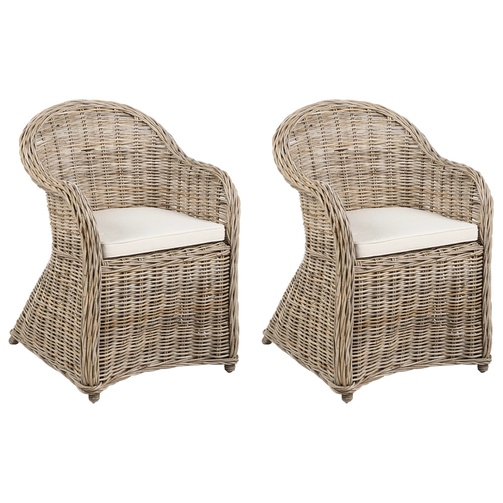 Poltrona da giardino in rattan naturale con cuscino di seduta in cotone bianco sporco per interni ed esterni