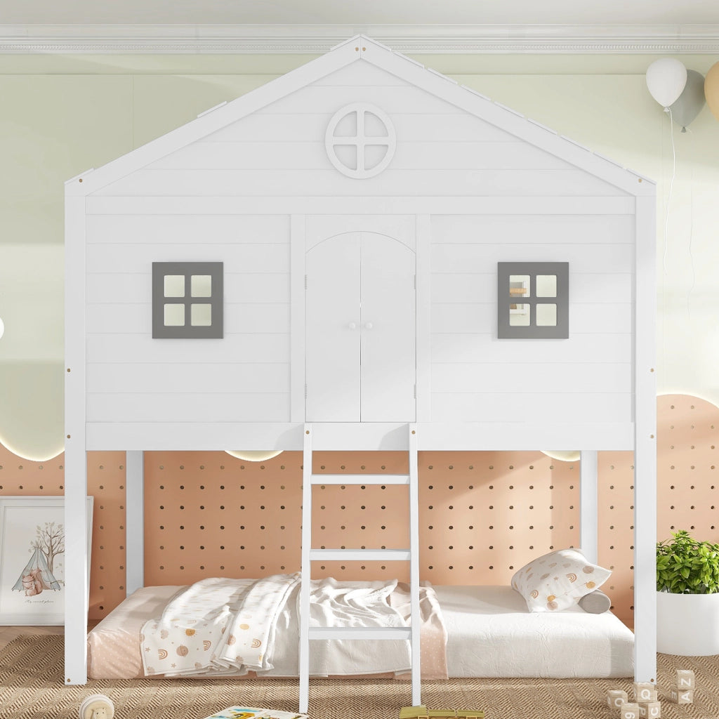 Letto a Soppalco 90x200 cm - con Scala; Sponde e Finestre - in Legno e MDF - Bianco