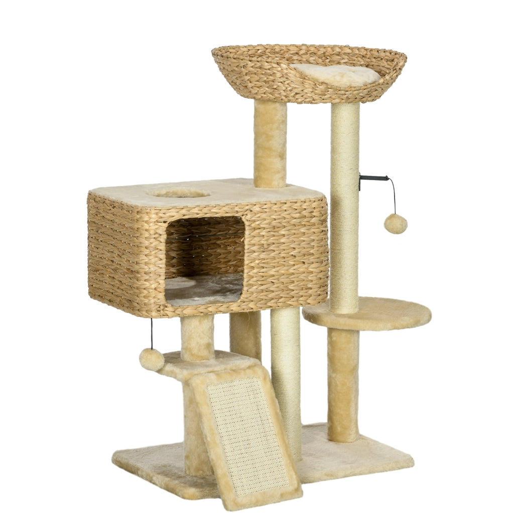 Tiragraffi per gatti beige 98 cm con cuccia, rampa e sisal