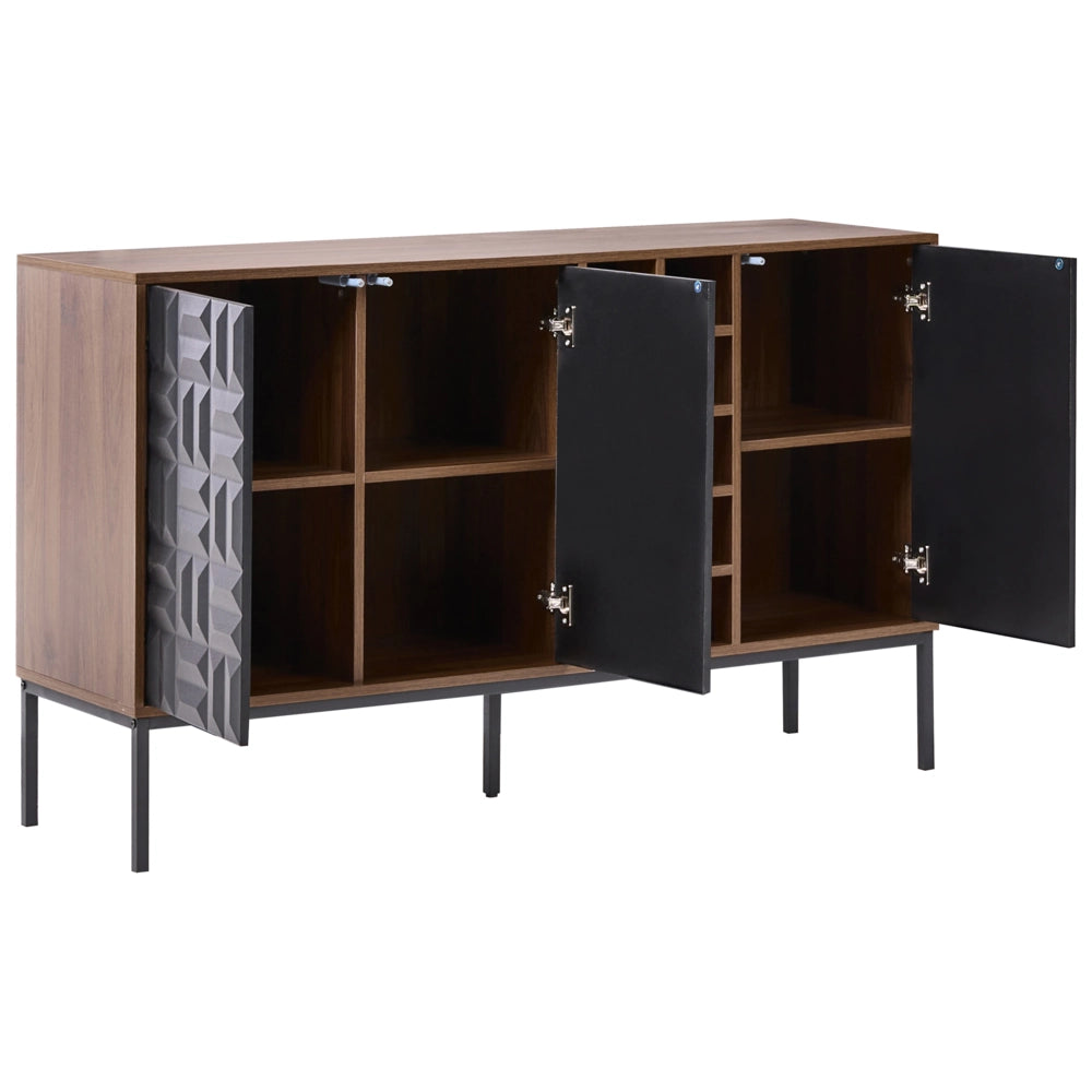 Credenza marrone scuro a 3 ante con ripiano, portabottiglie gambe in metallo MDF motivo geometrico soggiorno