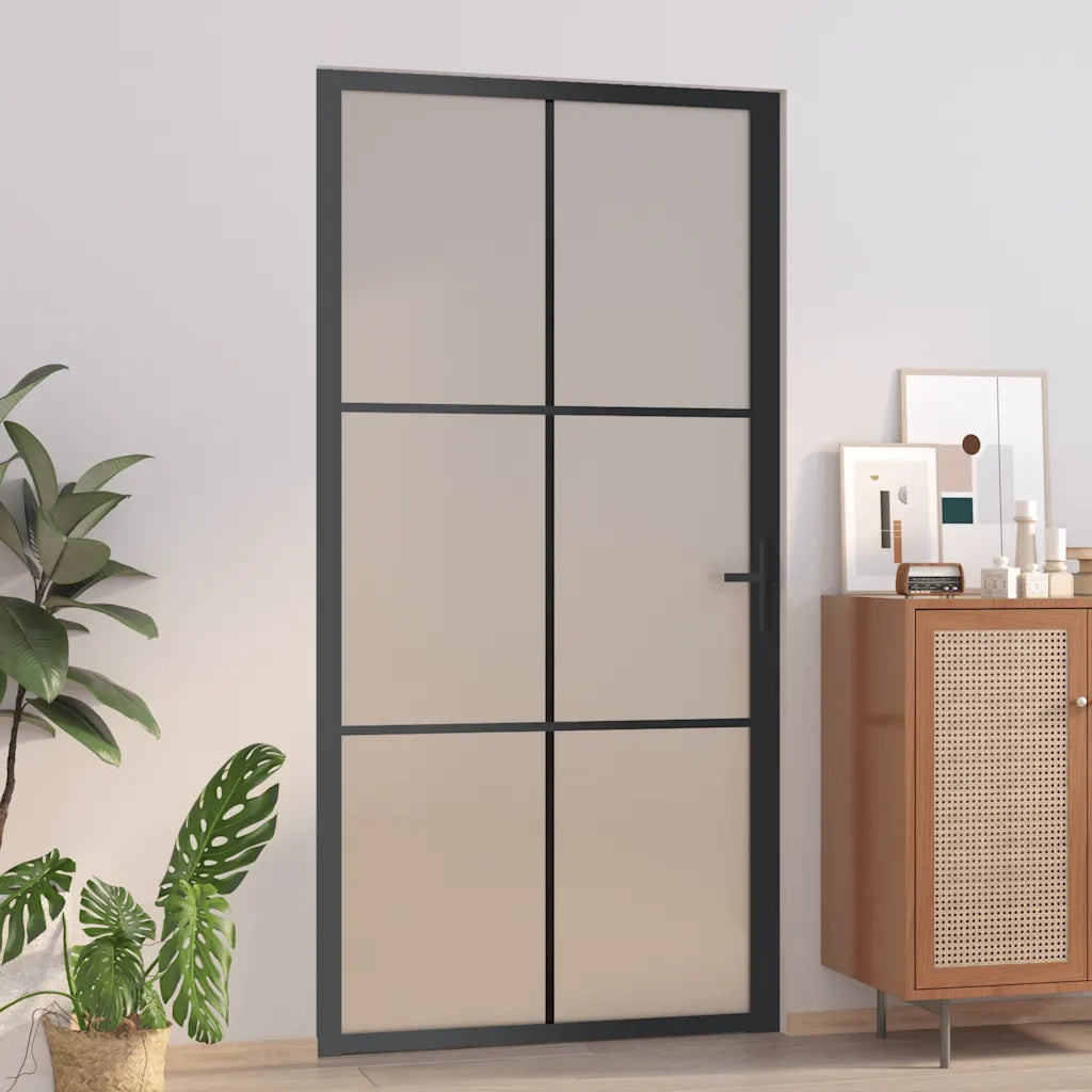 Porta Interna 102,5x201,5 cm Nero Opaco in Vetro e Alluminio 350559