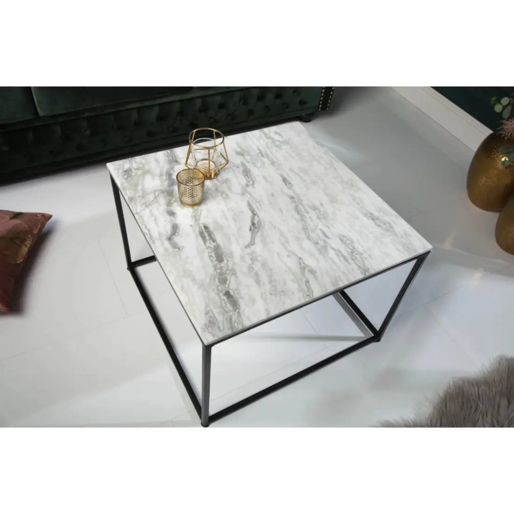 Tavolino basso VORTEX 50 cm in marmo bianco lucido con struttura in metallo nero
