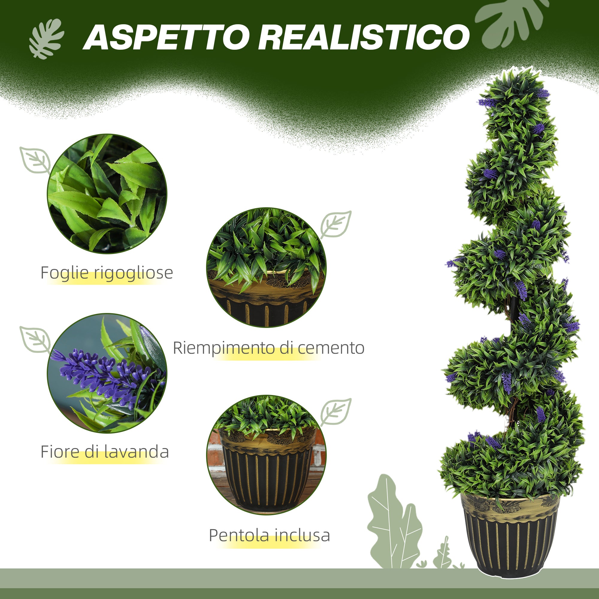 Set 2 Piante Atificiali di Bosso a Spirale Resistente UV con Lavanda  Alte 115 cm Verde e Blu