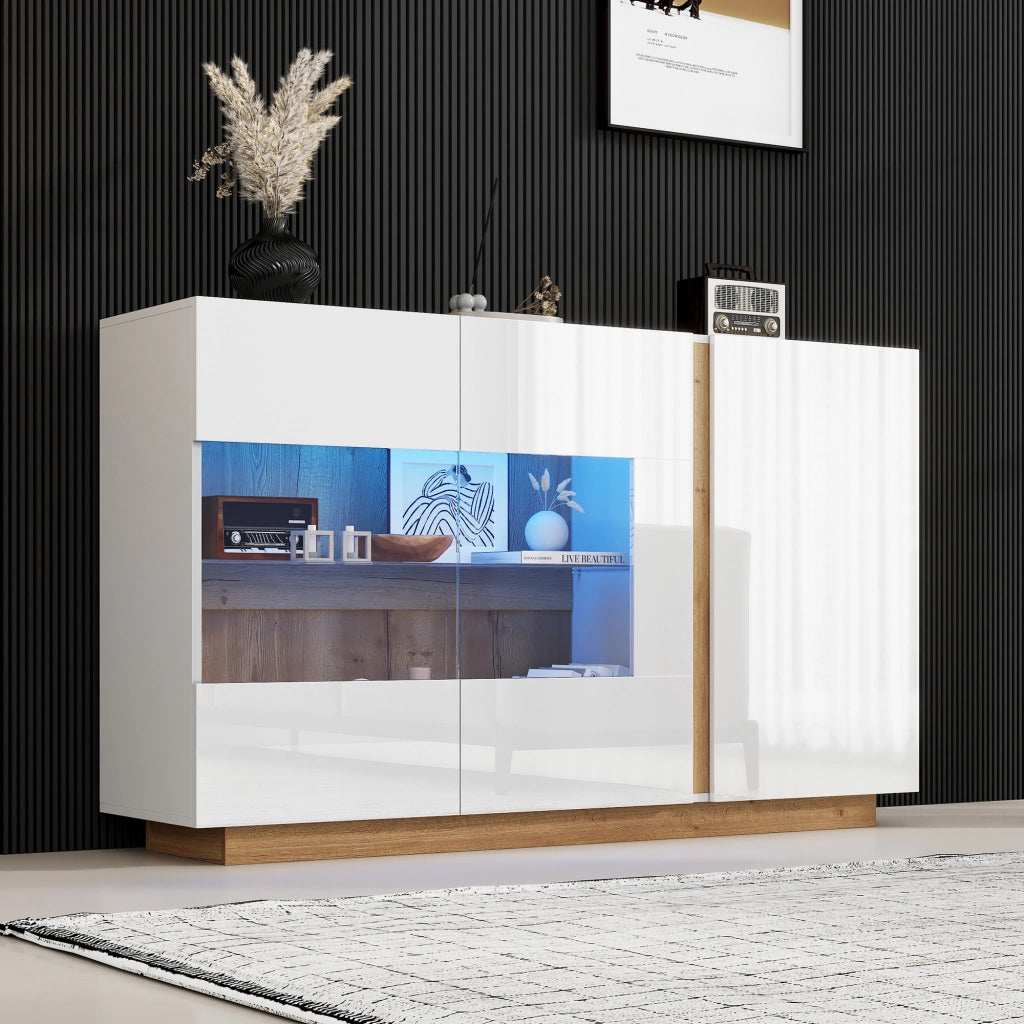 Credenza con 3 ante; illuminazione LED e inserti in vetro - 138x38.5x90.5 cm - bianco