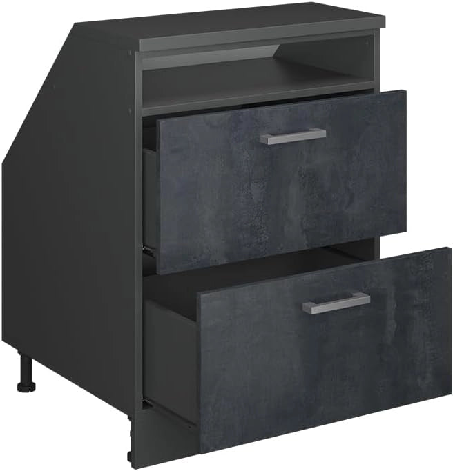 Mobile sottotetto Rion, Calcestruzzo nero, 60 x 81.6 cm con 2 cassetti, carcassa 60 cm profondità, adatto per il salvaspazio sotto tetti spioventi