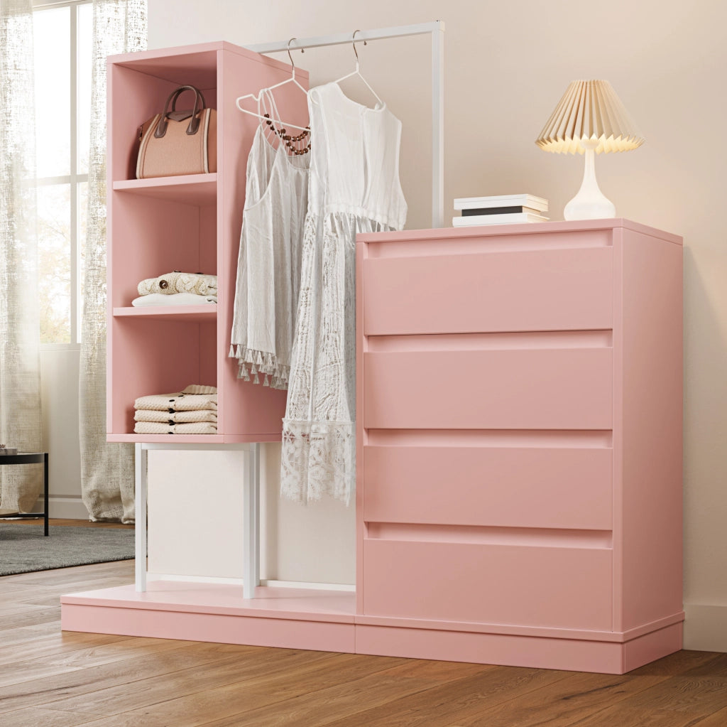 Scarpiera rosa e bianca con 4 cassetti, ripiani aperti e appendiabiti, 100x40x135 cm