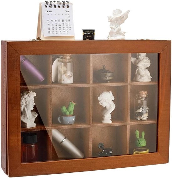 Vetrina Mini in Legno - 12 Compartimenti - Stile Vintage - Finestra Chiara - Dimensioni 32x24x6 cm - Displaycase