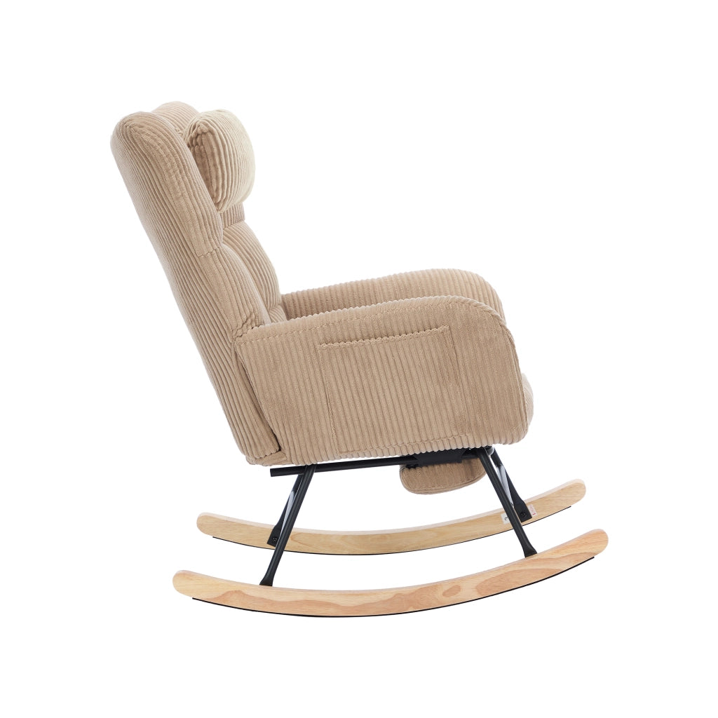 Poltrona a Dondolo Imbottita ¨C MINIMAL ¨C Tessuto Marrone, Schienale Alto, Cuscino Cervicale