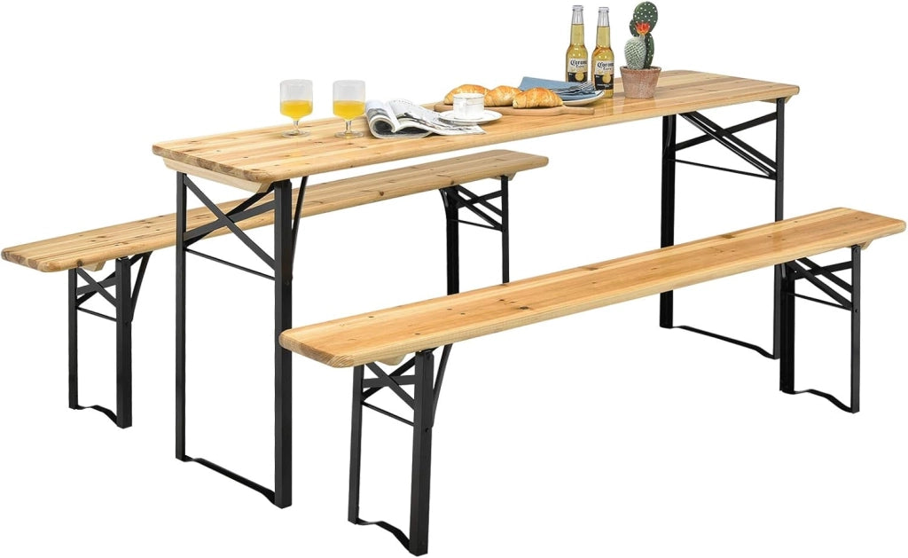 Tavolo e Panche da Esterno Pieghevoli in Legno, Tavolo da Esterno e Interno con 2 Panche con Robusta Struttura in Metallo, Ideale per Cortile, Patio e Giardino