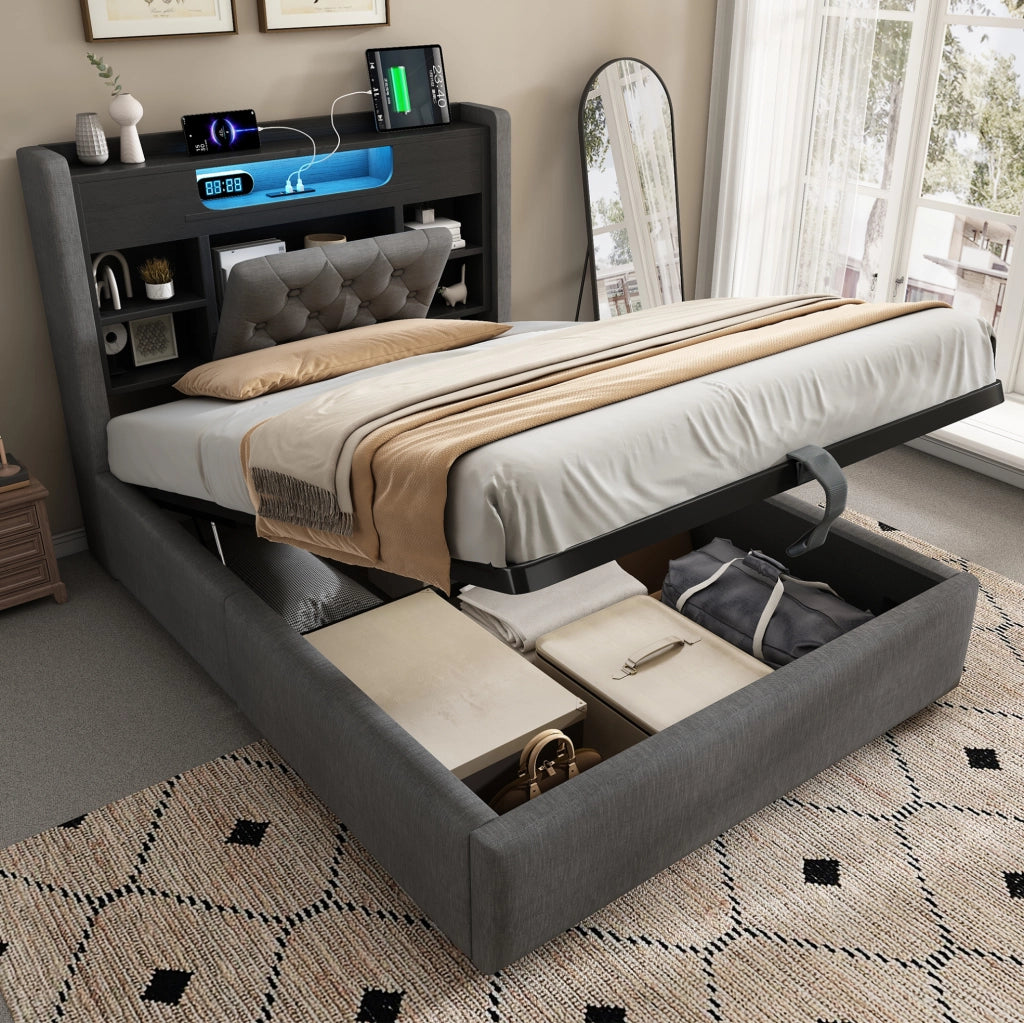 Letto singolo 90x200 cm con contenitore idraulico; LED e porte USB; in lino grigio
