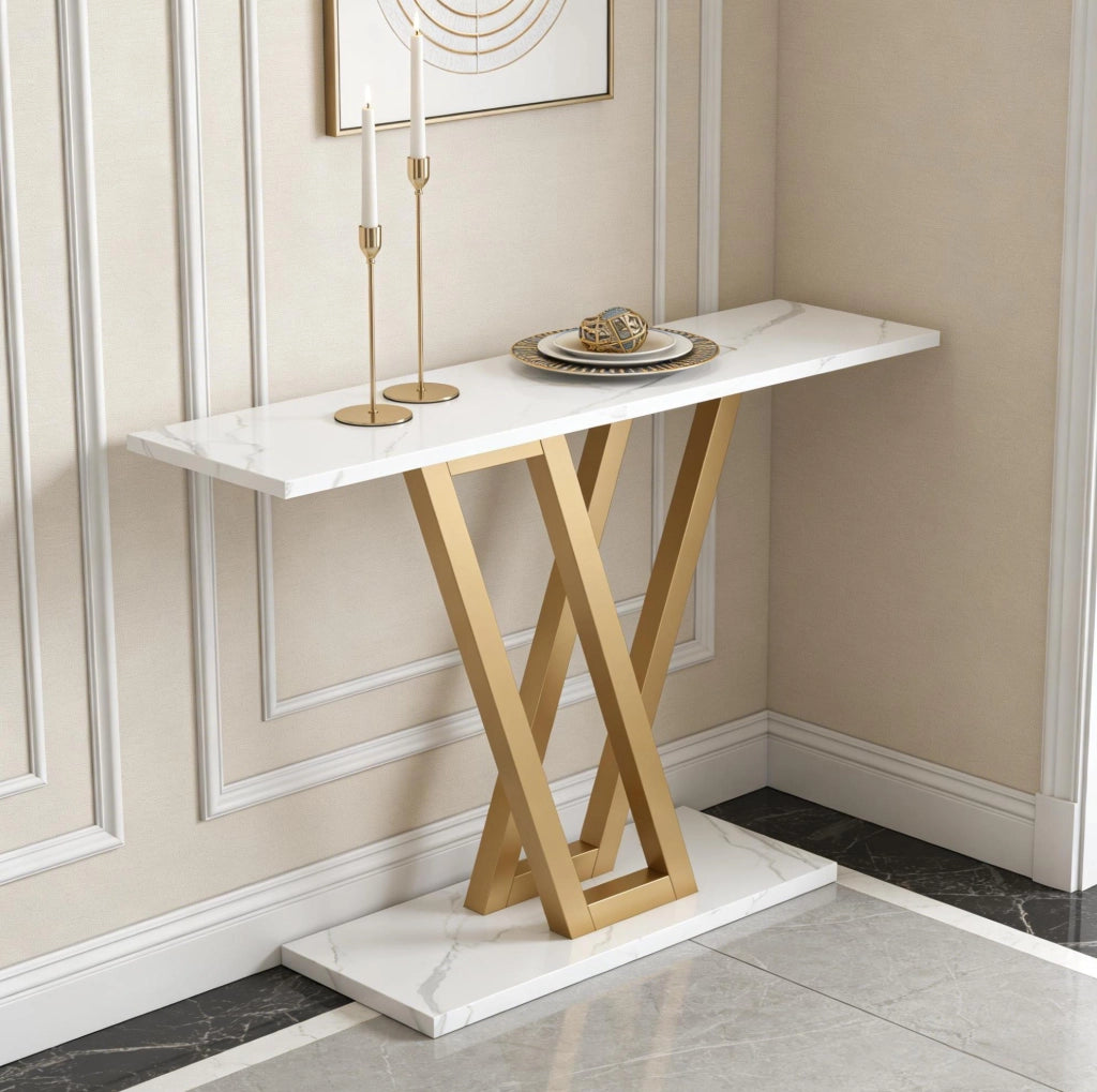 Tavolo consolle stretto 110x30x80 cm in MDF e metallo bianco e oro