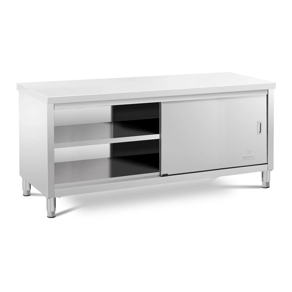 Mobile base in acciaio inox piano di lavoro per cucina con ante scorrevoli 200 x 70 cm portata 600 kg 14_0005086