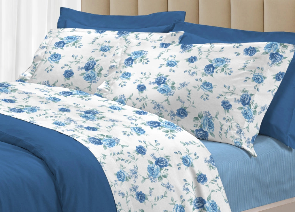 Completo Lenzuola Letto 100% Cotone Made Italy 3027 Disegno Sanderson - Matrimoniale - Azzurro