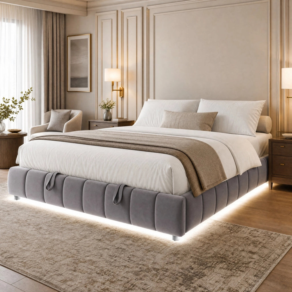 Letto imbottito 180x200 cm con contenitore idraulico e barra LED bianca; senza testiera; grigio