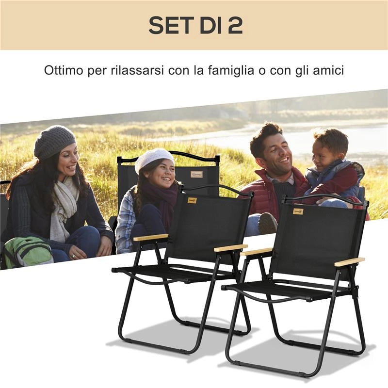 SET 2 SEDIE PER ESTERNI PIEGHEVOLI CON BRACCIOLI IN TESSUTO OXFORD E ACCIAIO NERO
