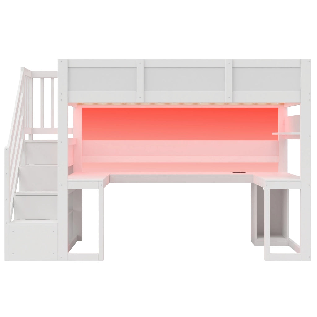 Letto a soppalco gaming 90x200 cm con scrivania; scala contenitore; LED e USB; MDF e compensato bianco