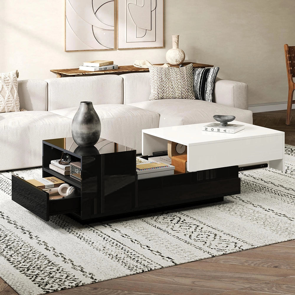 Tavolino-Xylo-100x50x38cm, cassetto, piano estraibile, bianco+nero