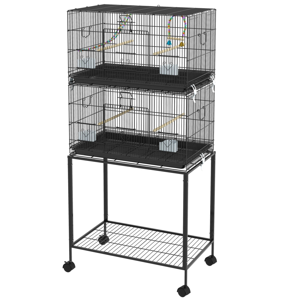 Gabbia per Uccelli in Acciaio e PP, Design Impilato con Posatoi, Altalene e Scalette, 77x46x164 cm, Nero