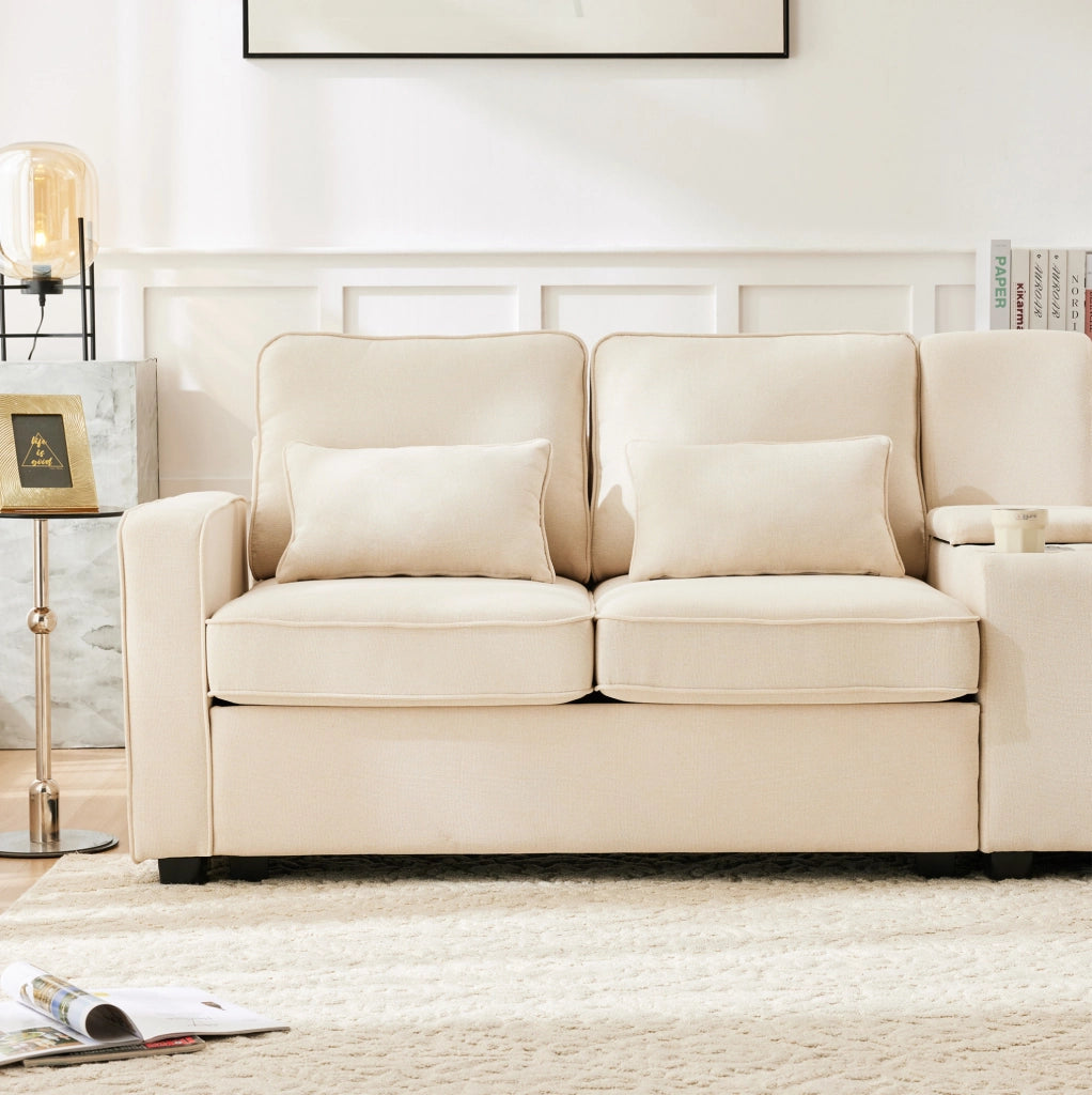 Divano 4 posti beige con USB, portabicchieri e vano contenitore