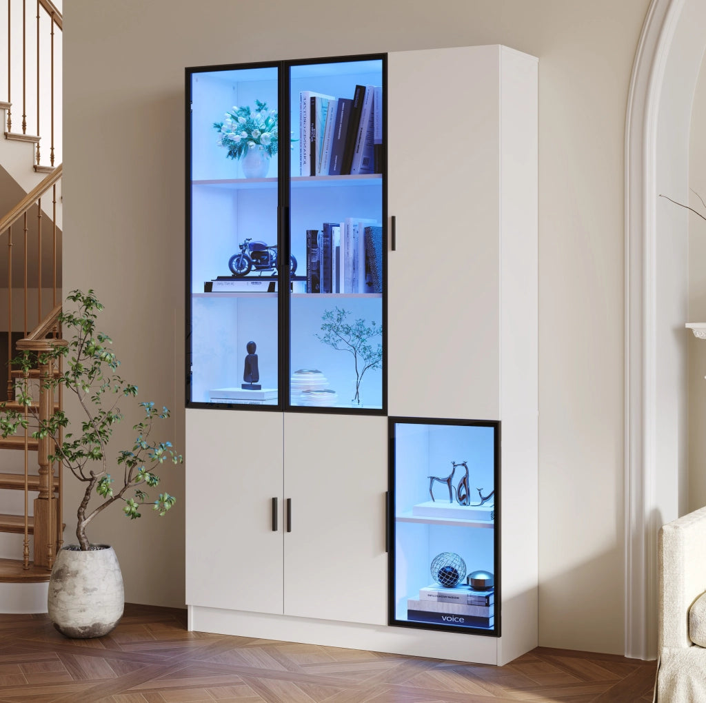 Vetrina con LED e porte in vetro; 120 x 35 x 200 cm; bianca