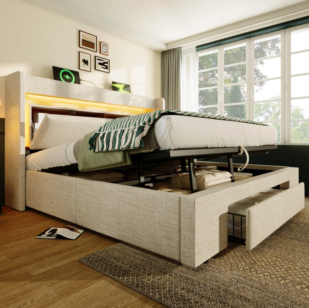 Letto matrimoniale 160x200 cm con contenitore idraulico; LED; USB e USB-C; lino beige