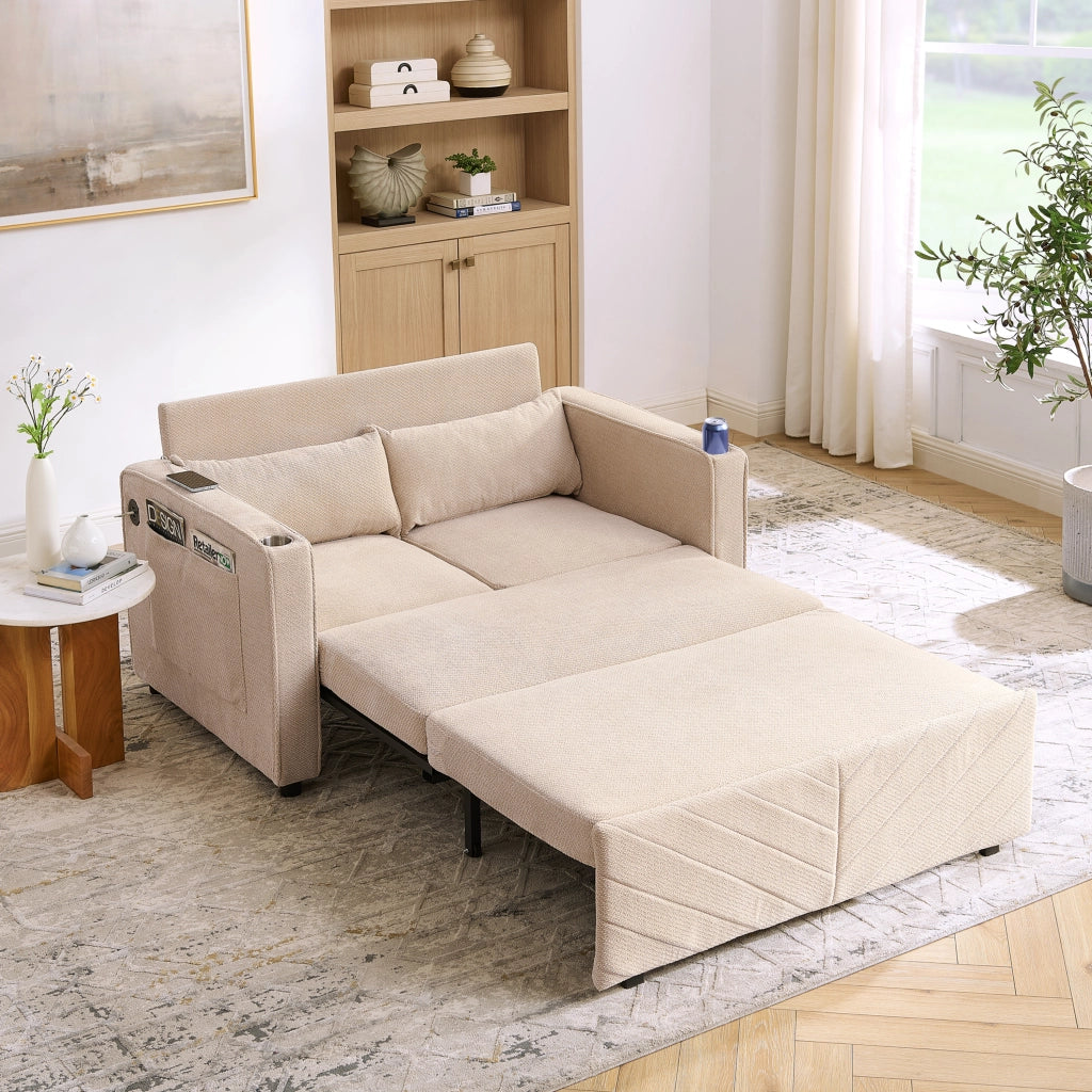 Divano letto 2 posti convertibile con USB e sistema scorrevole in legno e tessuto beige