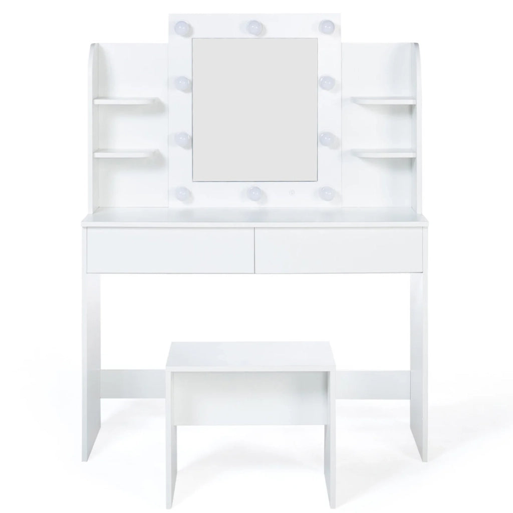 IDMarket - ZELIA tavolo da toilette bianco con 4 ripiani, specchio LED e sgabello