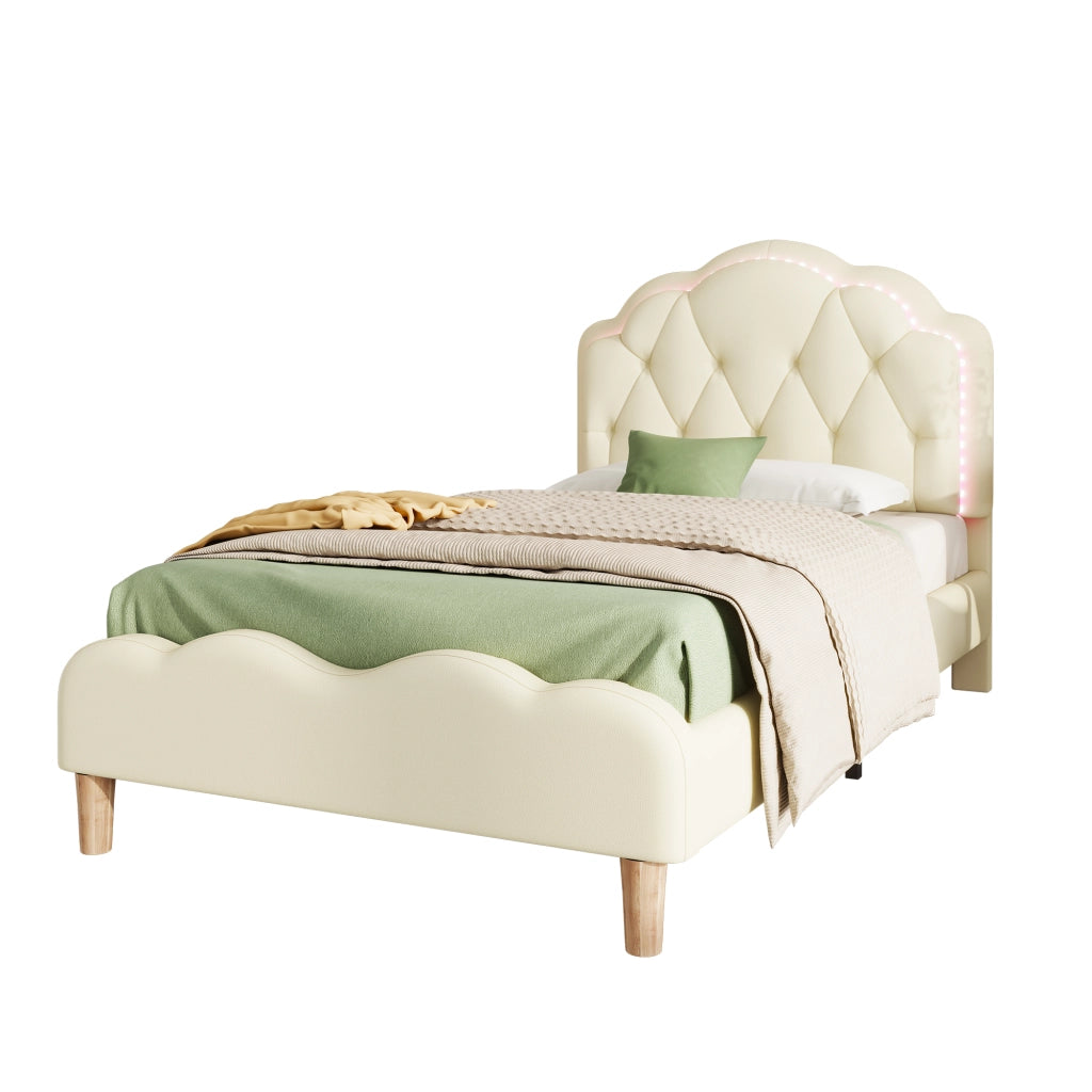 Letto per Bambini Letto Singolo con LED Multicolore e Testiera Ondulata 90×200 cm; senza Materasso; PU; Beige
