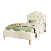 Letto per Bambini Letto Singolo con LED Multicolore e Testiera Ondulata 90×200 cm; senza Materasso; PU; Beige