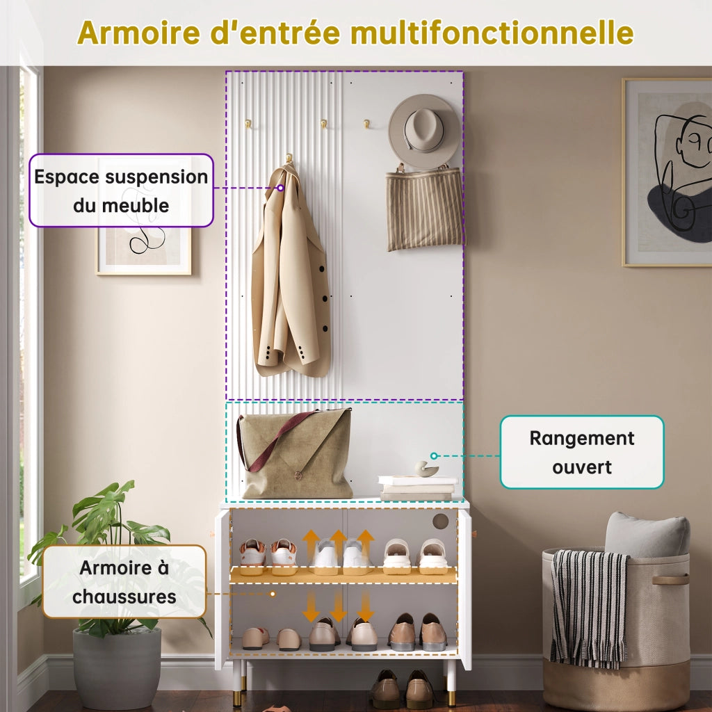 Mobile ingresso con scarpiera e 6 ganci; 2 ante; ripiano regolabile; per ingresso; bianco; 70 × 35 × 180 cm
