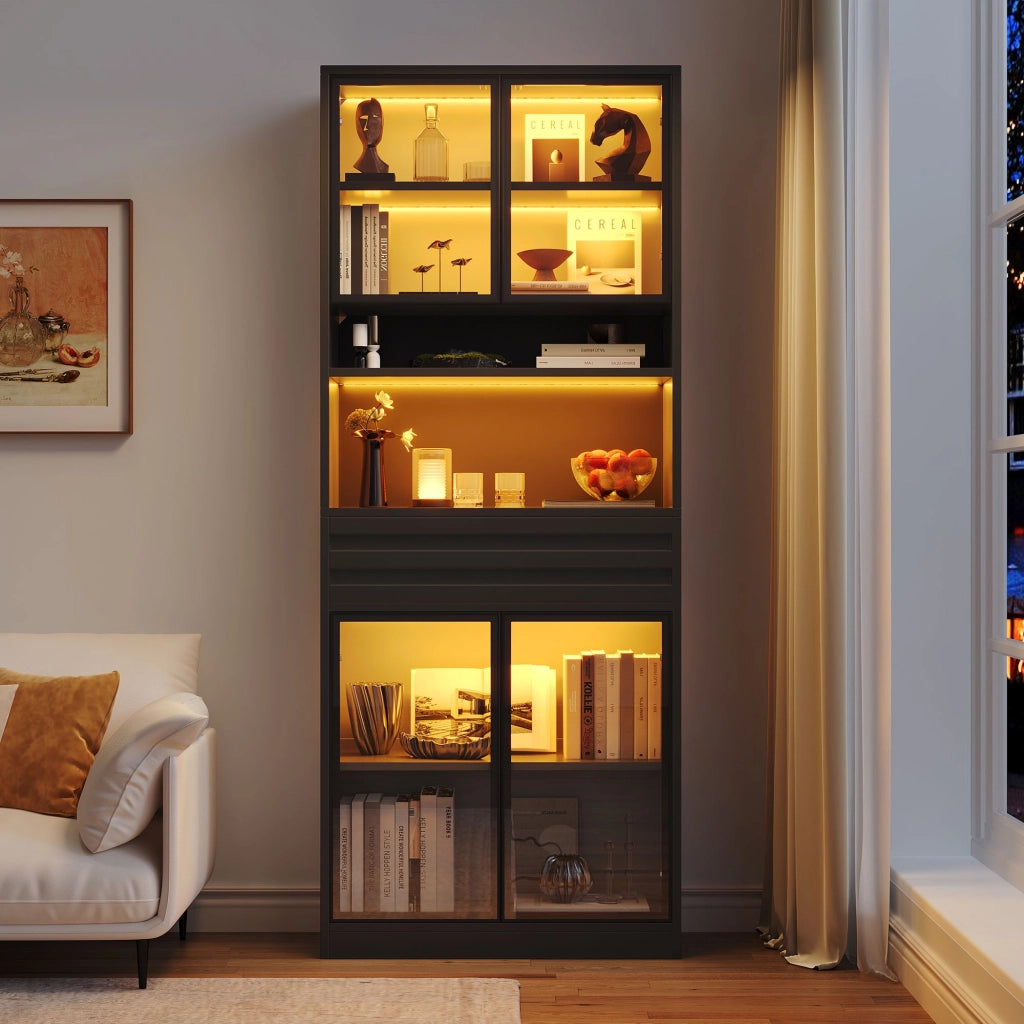 Vetrina, libreria, 80 x 35 x 200 cm, 4 ante in vetro, con cassetti, illuminazione a LED, nera