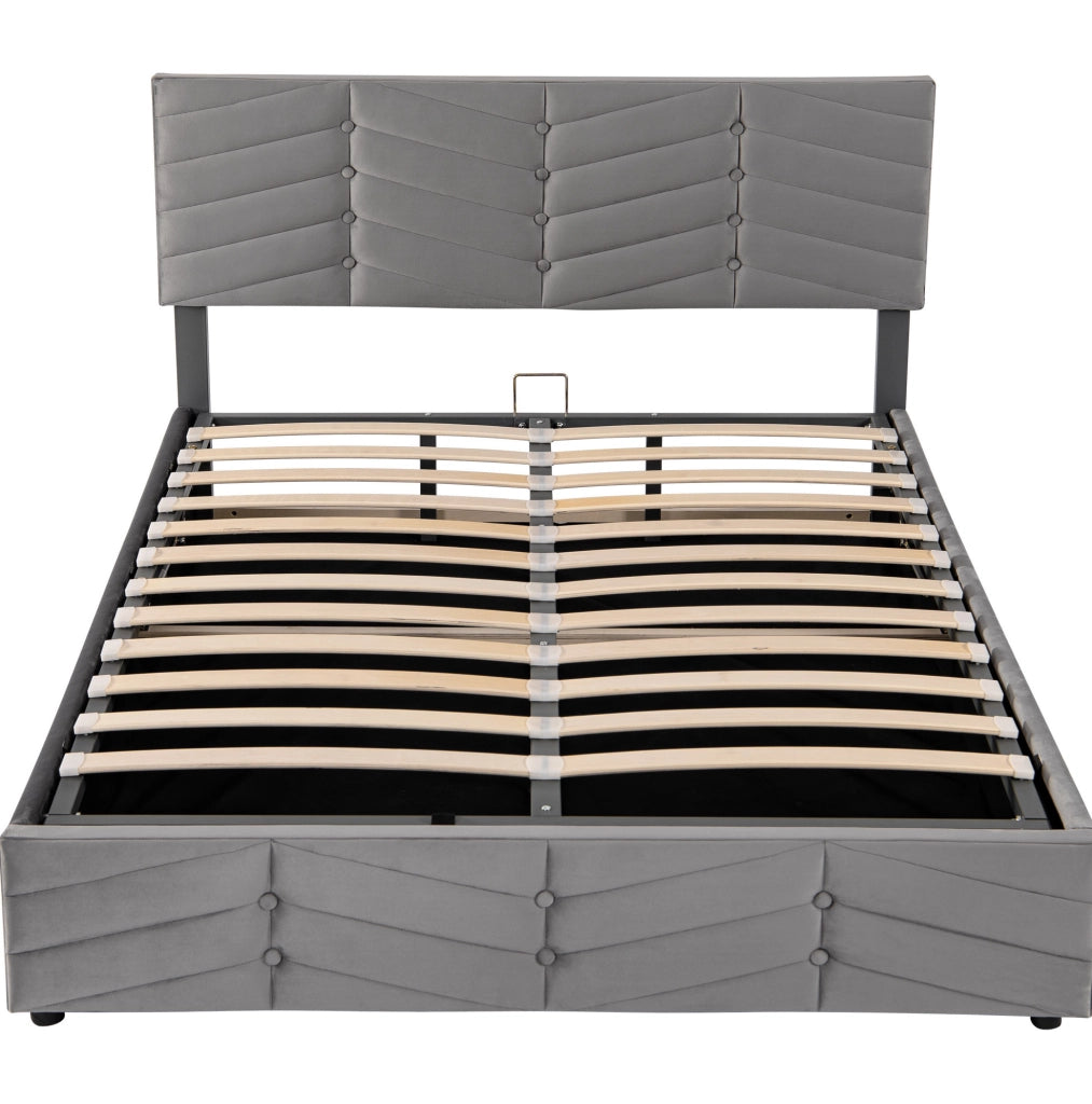 Letto matrimoniale imbottito 140x200 cm in velluto grigio con testiera regolabile e contenitore