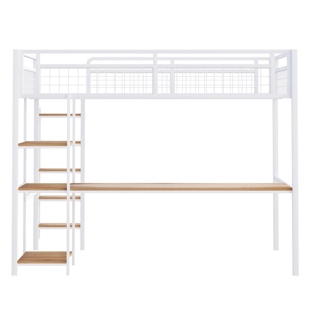 Letto a soppalco 140x200 cm con scrivania e ripiani in metallo e MDF bianco