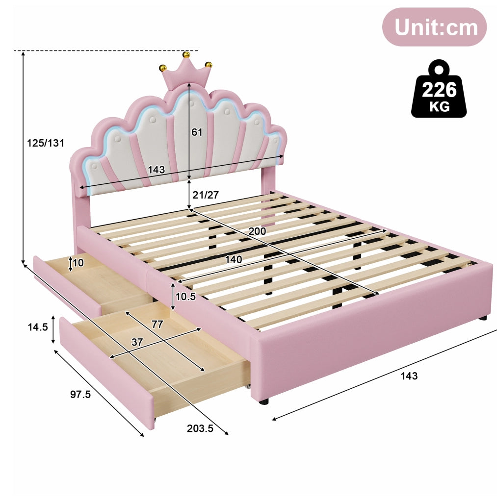 Letto imbottito 140 x 200 cm con luci LED e cassetti