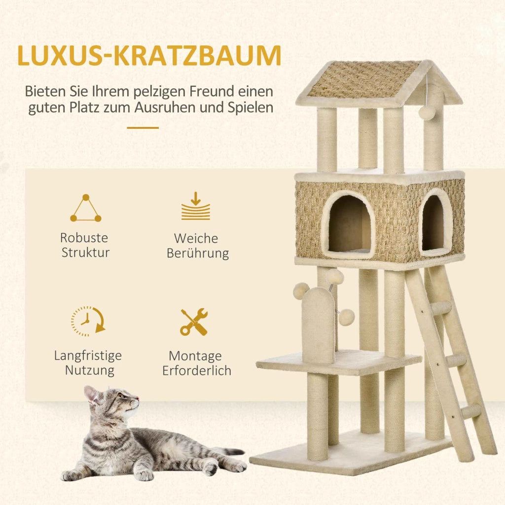 Tiragraffi con cuccia per gatti e giocattoli ¨C Xylo ¨C Sisal peluche beige marrone