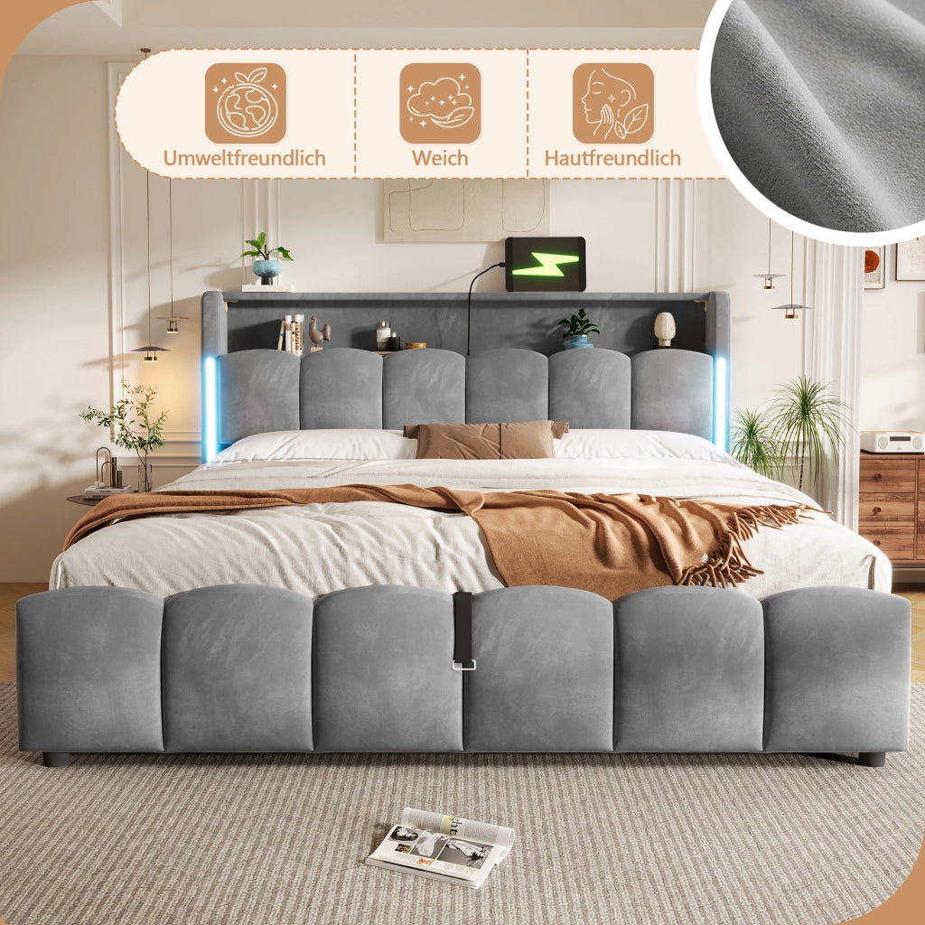 Letto imbottito 180x200 LED testiera stivaggio idraulico USB/Type-C velluto