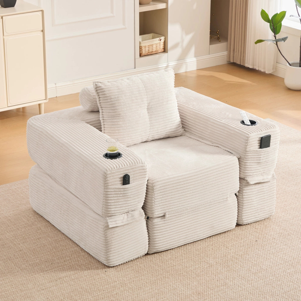 Divano letto modulare 2 posti - con tasche laterali e portabicchieri - in cord beige