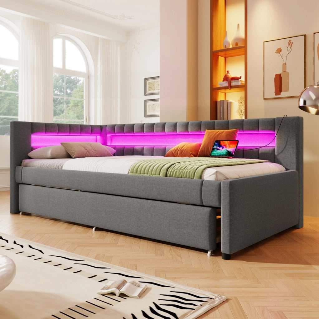 Letto 90x200 cm con letto estraibile; LED e USB Type-C in lino grigio